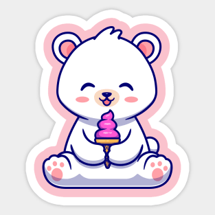 Cute Polar Bear Eating Ice Cream Cone Cartoon Sticker